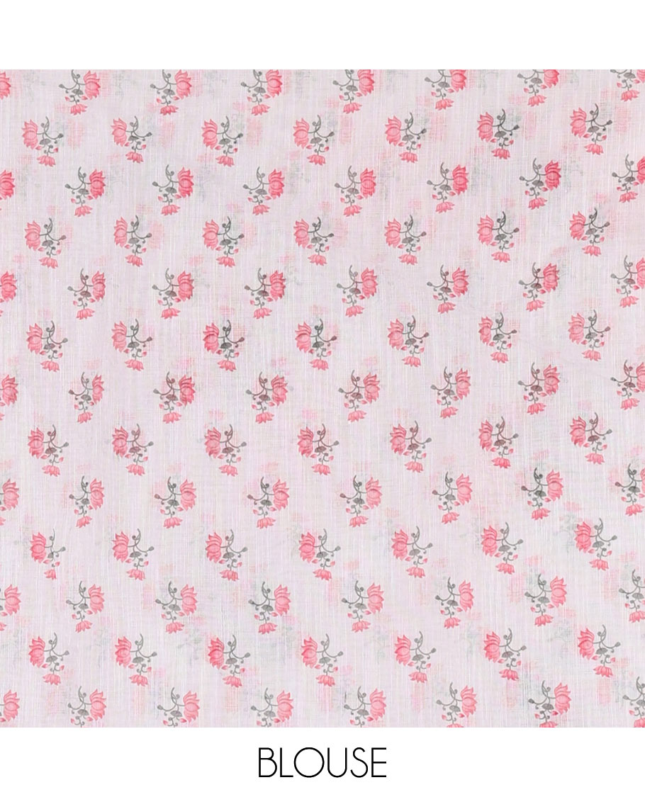 Borderless white pichwai lotus vine and cows linen saree, pichwai printed pallu, and lotus floral printed blouse