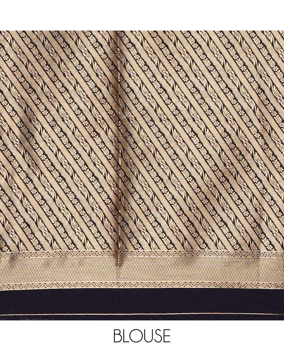 Peacock blue floral zari buttas dola silk saree, contrast traditional zari peacock border, diagonal floral zari striped pallu & contrast jacquard blouse