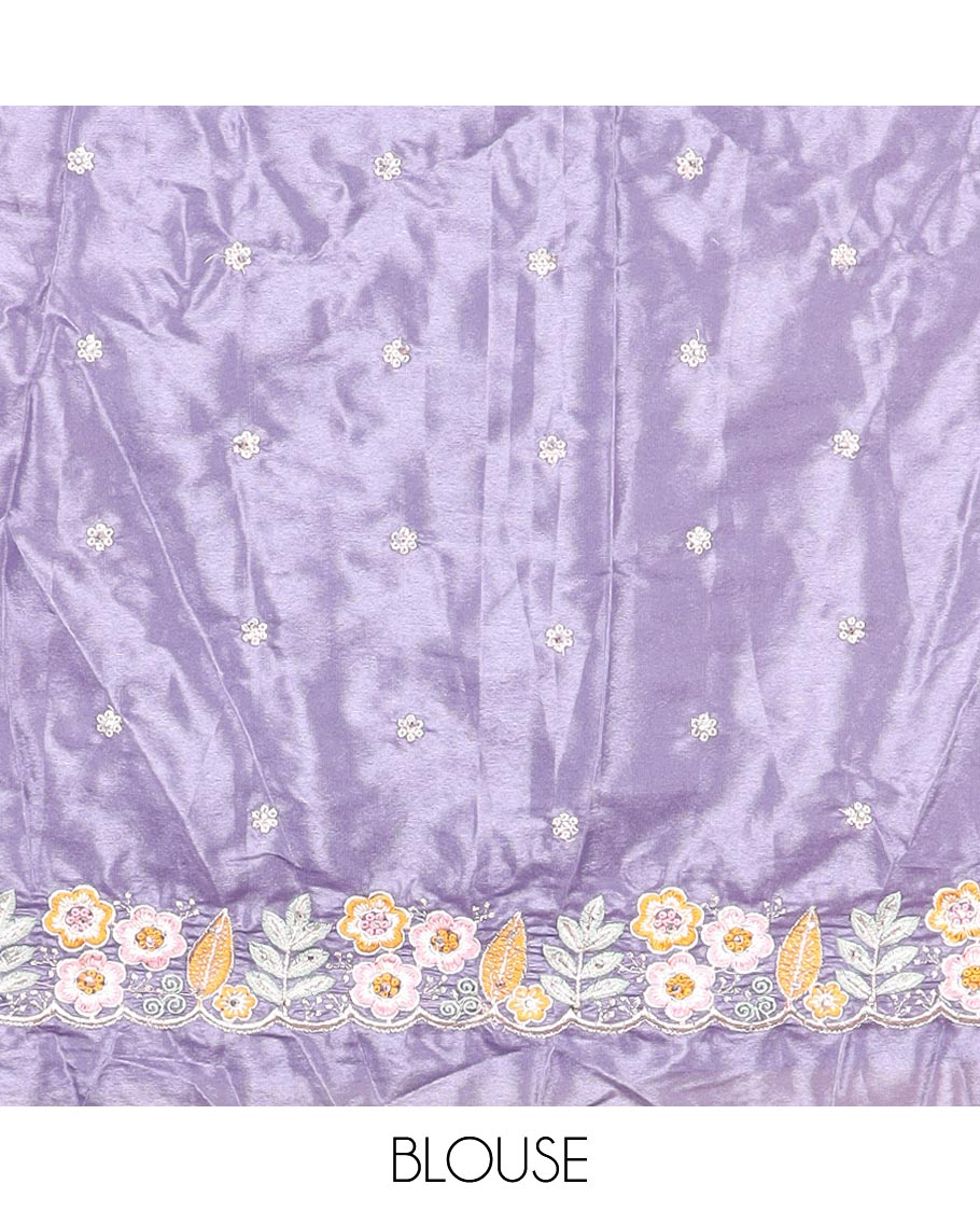 Lavender floral motifs thread embroidery half saree with floral embroidery border , floral motifs blouse & floral embroidery scallop border dhavani