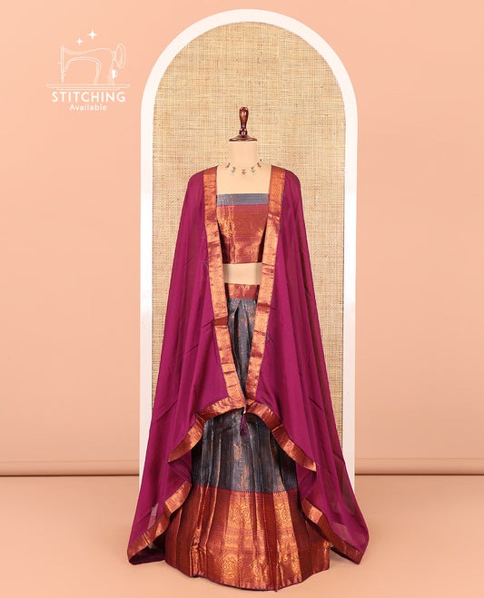 Grey-Wine Semi-Banarasi Half-Saree Features Jacquard Skirt, Contrast Traditional Border, Matching Blouse, and Syska Georgette Dhavani