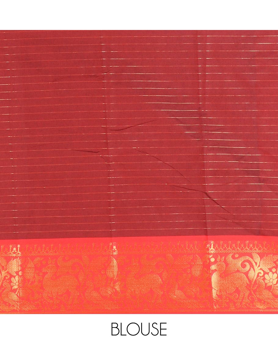 Black golden zari checked semi-taffeta saree, contrast zari border of deer and peacock motifs, striped pallu, and a contrast zari design blouse