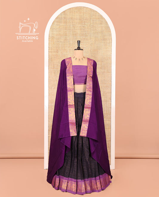 Black and Purple Sungudi Cotton Half-Saree, Adorned with Checked Design with Contrast Traditional Design Peacock Bordered Skirt, Comes with a Contrast Blouse, and Is Paired with a Contrast Dhavani
