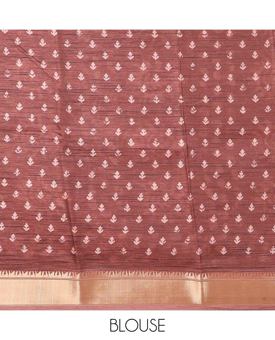 Brown all over batik printed semi-tussar saree with self zari jacquard border