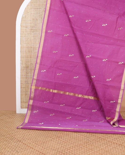 Pink floral motifs chanderi cotton saree with self zari border & striped, floral design pallu