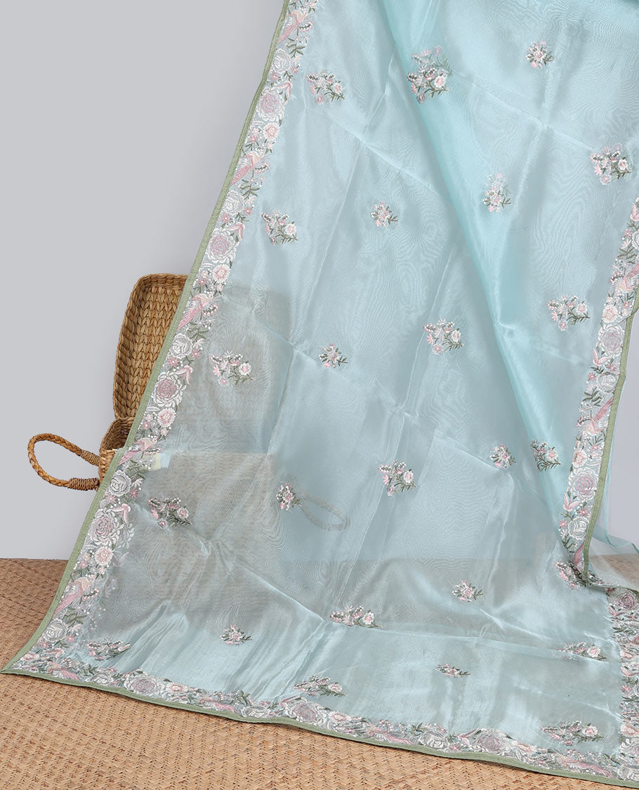 Blue floral motifs embroidered semi-banaras organza saree & floral embroidered border