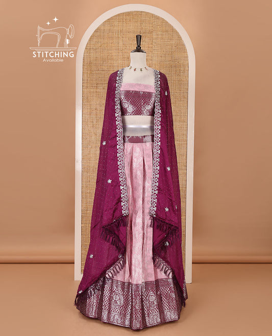 Pink banaras half-saree, zari jacquard & contrast traditional zari border skirt, zari woven blouse & contrast embroidered rangoli georgette scallop border dhavani