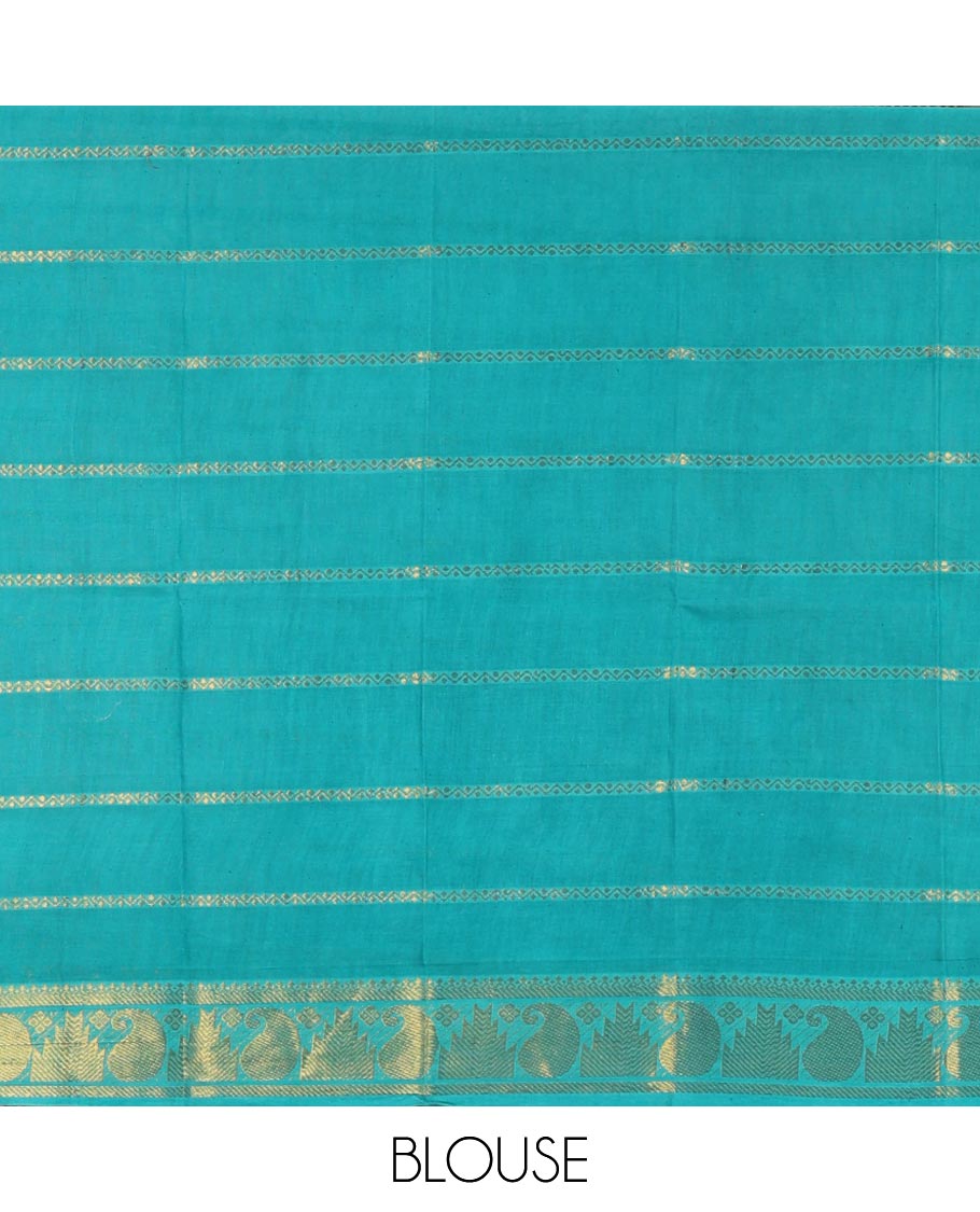 Navy blue zari veldhari striped sungudi cotton saree, contrast temple & annam border, zari striped pallu & contrast zari design blouse