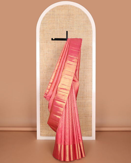 Pink floral design silk saree with self border of thilakam mokku, mayil kann design & zari design pallu