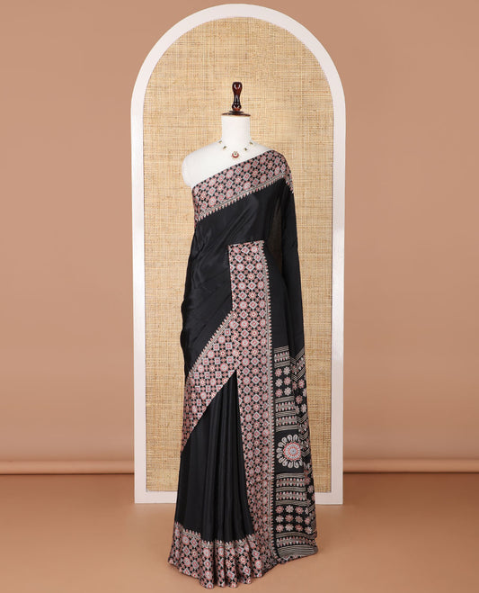 Black turkey crepe saree with ajrakh printed border & ajrakh printed pallu along with printed blouse