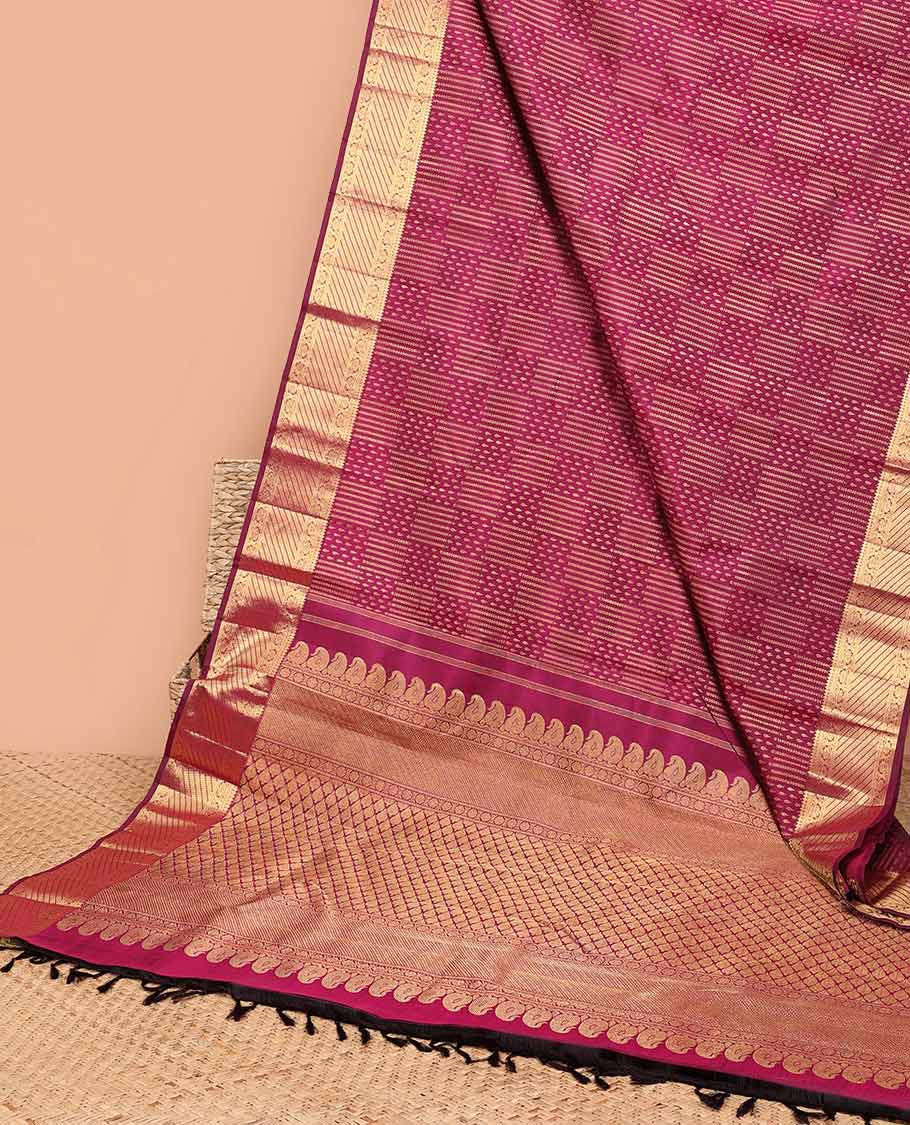 Maroon geometric design silk saree with self-border of zari design & floral, checked zari design pallu