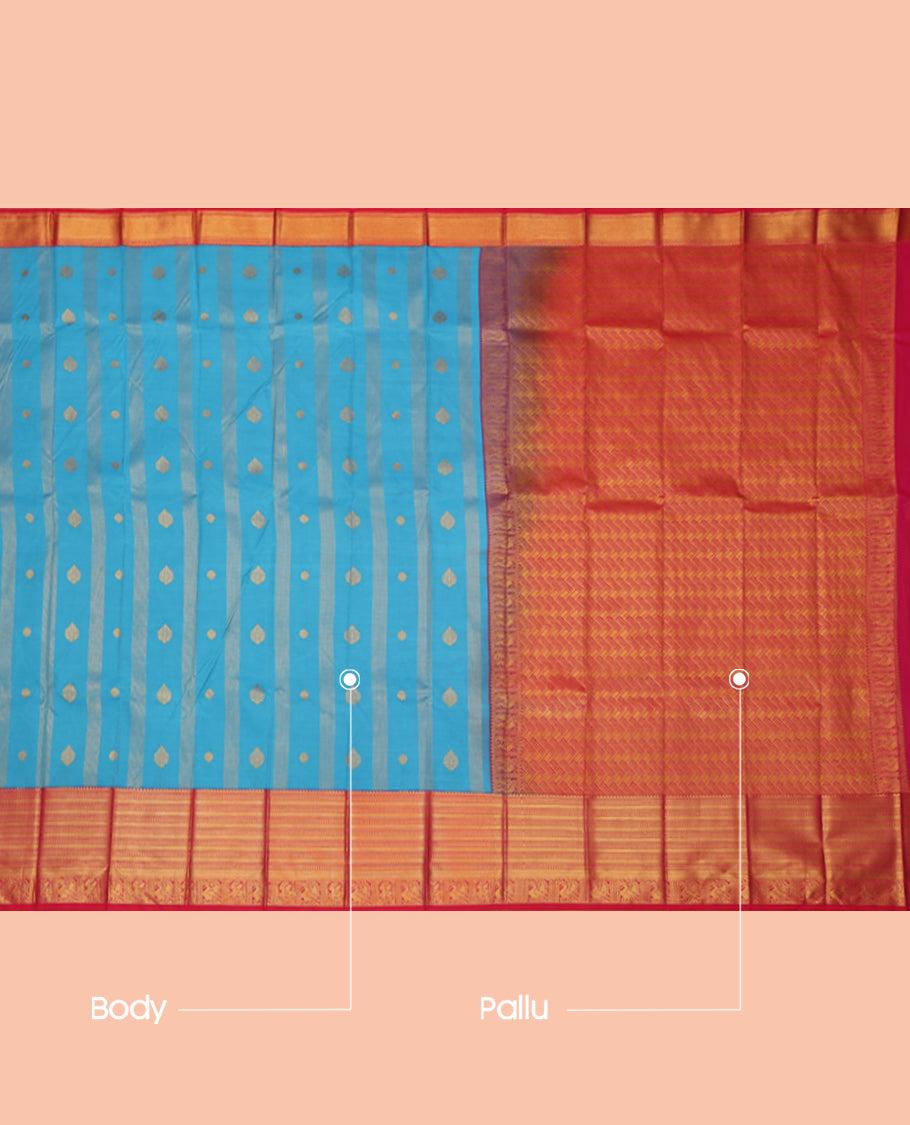 Blue Budget Silk Saree, Enhanced with Stripes and Buttas, a Contrast Traditional  Zari Border, a Grand Pallu and a Contrast Blouse