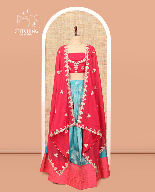 Blue Banarasi Half-Saree, Decorated with Buttas Skirt, a Contrast Traditional Border, Contrast Embroidered Blouse, and Contrast Scallop Embroidered Dupatta