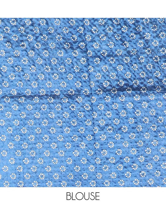 Blue batik buttas printed litchi crushed saree, batik-printed border, printed pallu & printed blouse