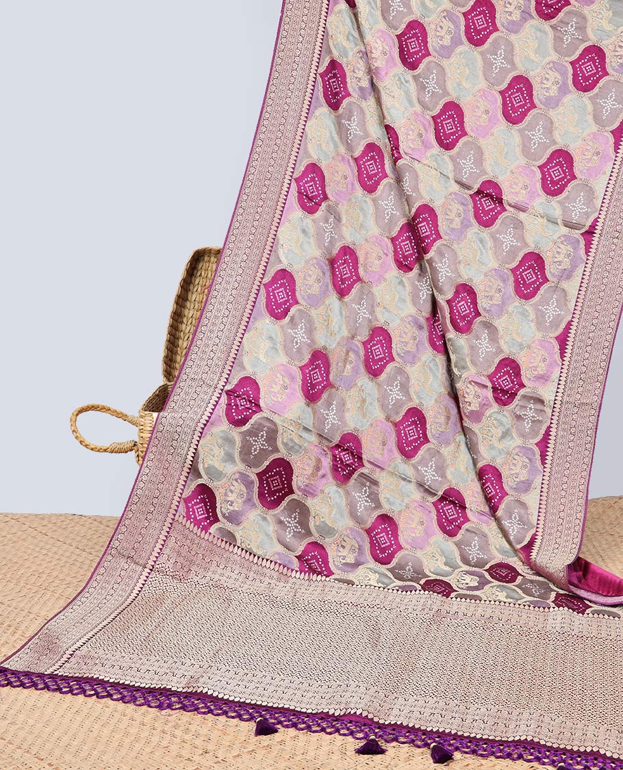 Multi-colored ogee design semi-banaras dola silk saree with contrast intricate zari border & ogee zari design pallu