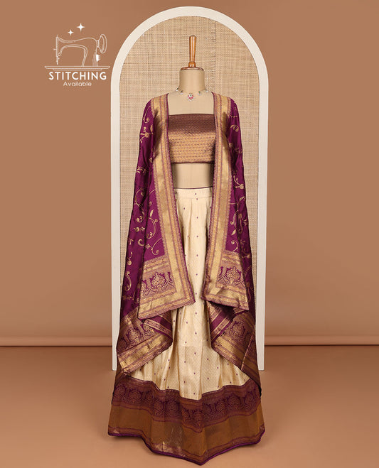 Sandal buttas banaras half saree with contrast traditional zari design border, zari design blouse & floral vine design dhavani
