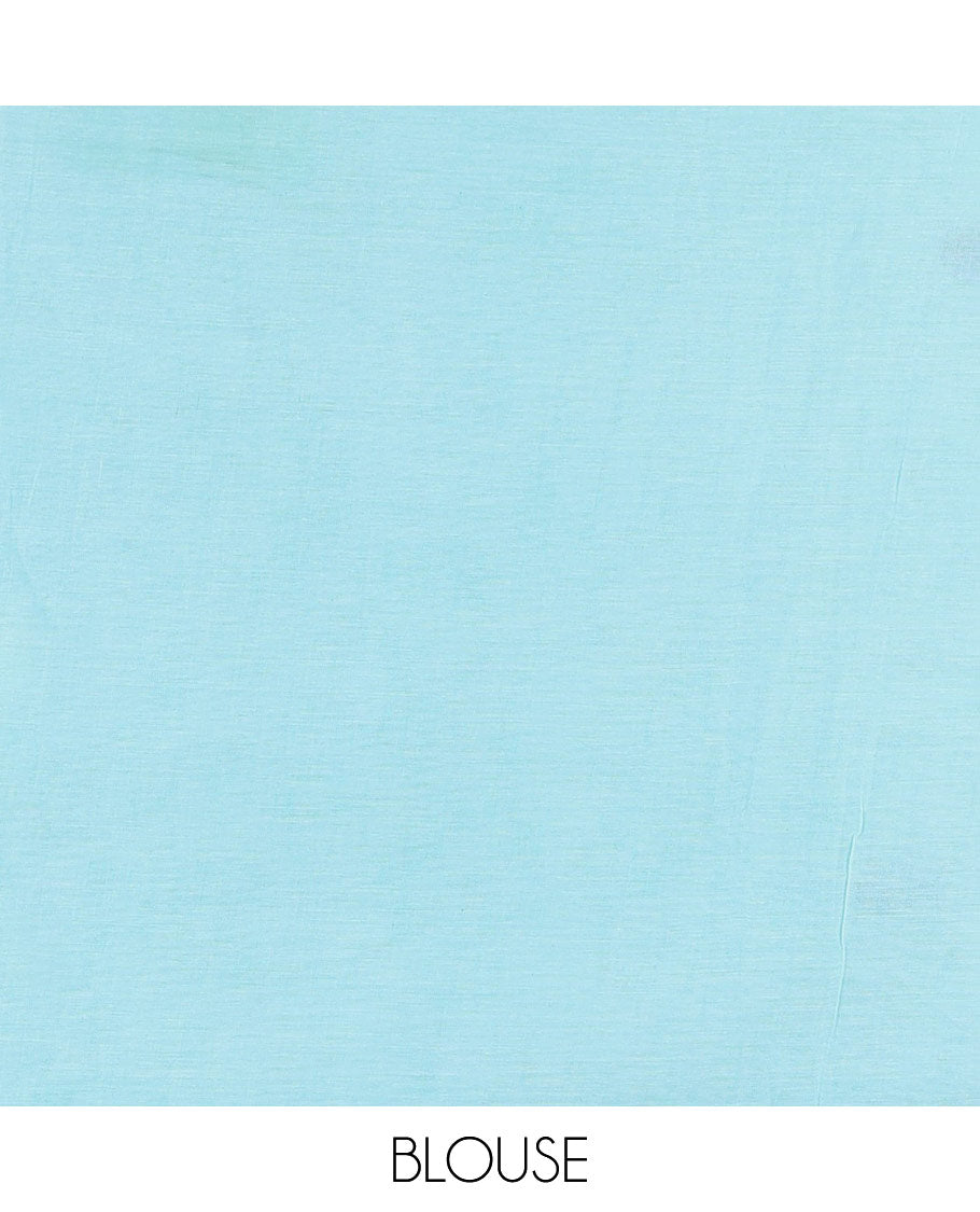 Borderless sea green fish motifs thread embroidered khadi mul cotton saree, fish motifs thread embroidered pallu, and a matching plain blouse