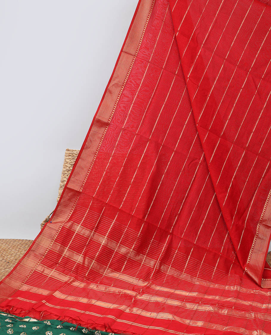Red striped maheshwari cotton saree with contrast zari striped border & pallu of stripes