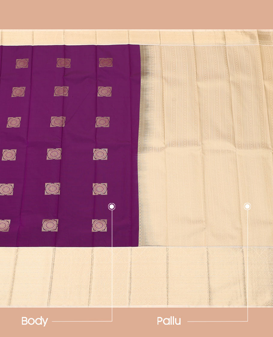 Purple Budget Silk Saree, Subtly Sparkled with Square-Buttas All Over Its Body, Complemented by a Contrast Traditional Zari Design Border, Sparsely Woven Geometric-Patterned Pallu, and Paired with a Contrast Blouse
