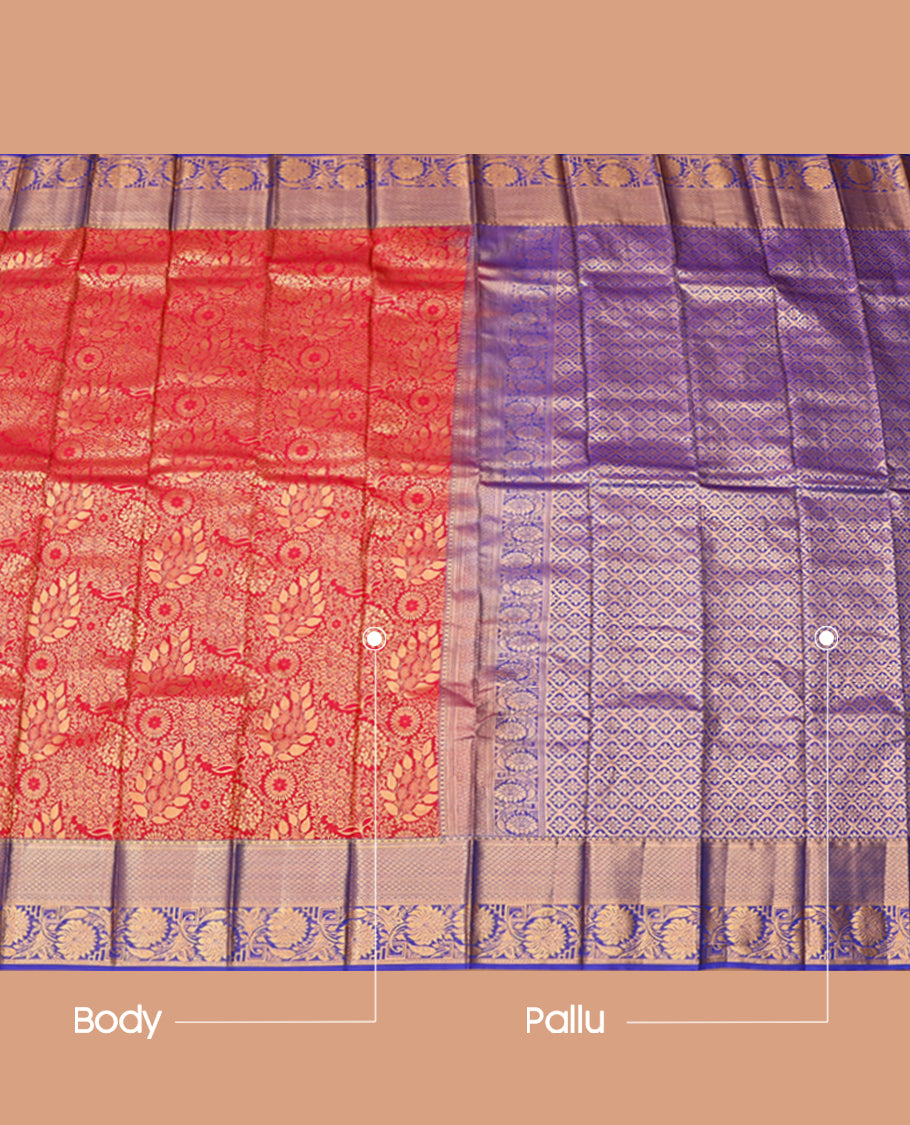 Red Budget Silk Saree, Adorned with Jacquard Design, Complemented by Contrast Traditional Zari Border, a Jaal Pallu and a Contrast Blouse