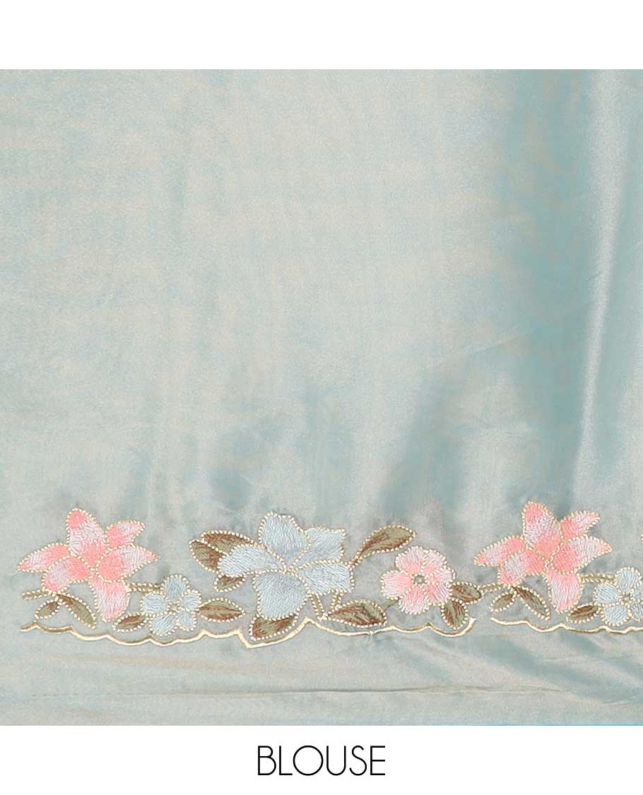 Green floral embroidery semi-banaras tissue saree with scallop floral embroidery border