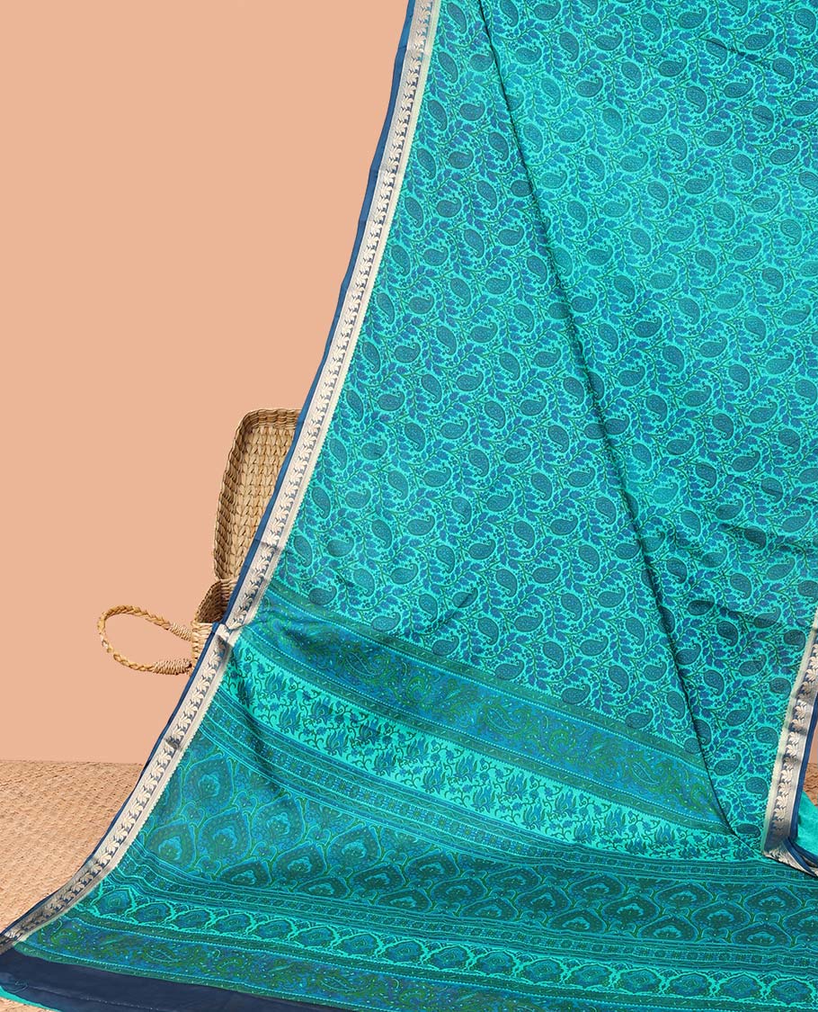 Blue paisley vine semi-banaras printed saree, contrast floral border & pallu of intricate print
