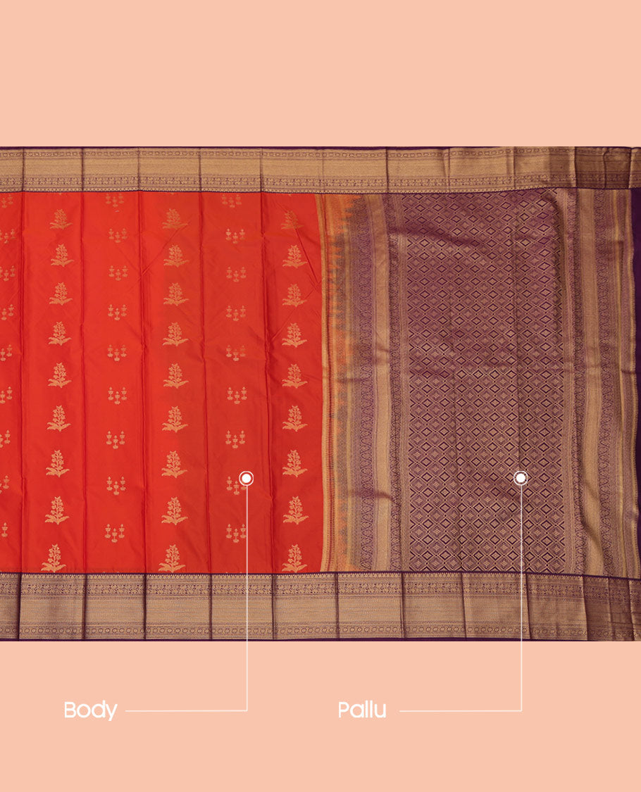 Orange Budget Silk Saree, Embellished with Zari Buttas, a Contrast Traditional Zari Border, Intricate Pallu, and a Contrast Blouse