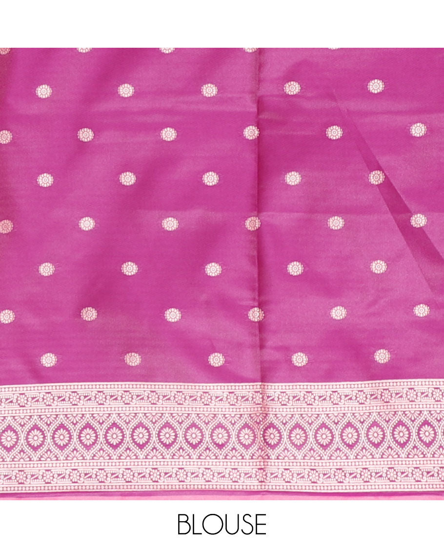 Baby pink small zari buttas woven elite soft silk saree, contrast zari woven scallop satin border, jaal pallu, and a contrast chakram zari motifs blouse