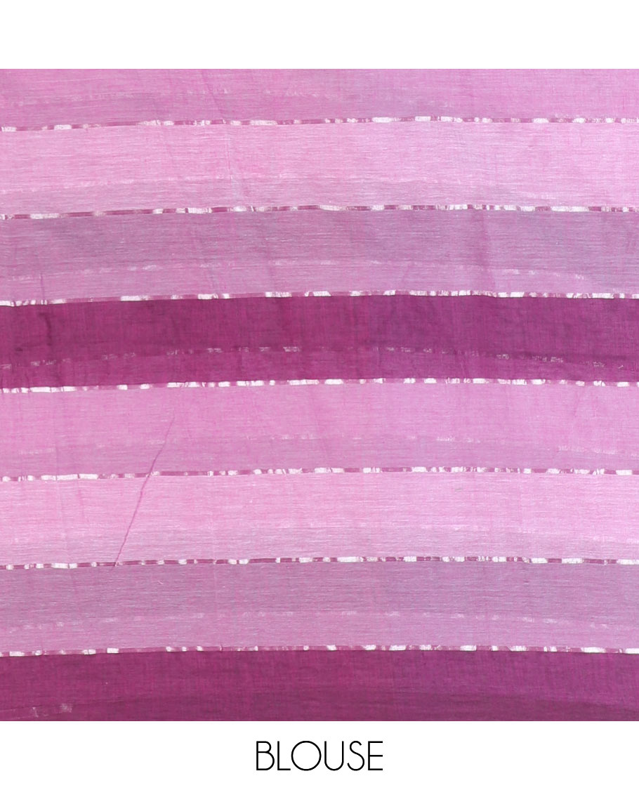 Magenta ombre-colored striped khadi mul cotton saree, zari piping border, striped pallu, and a matching striped blouse
