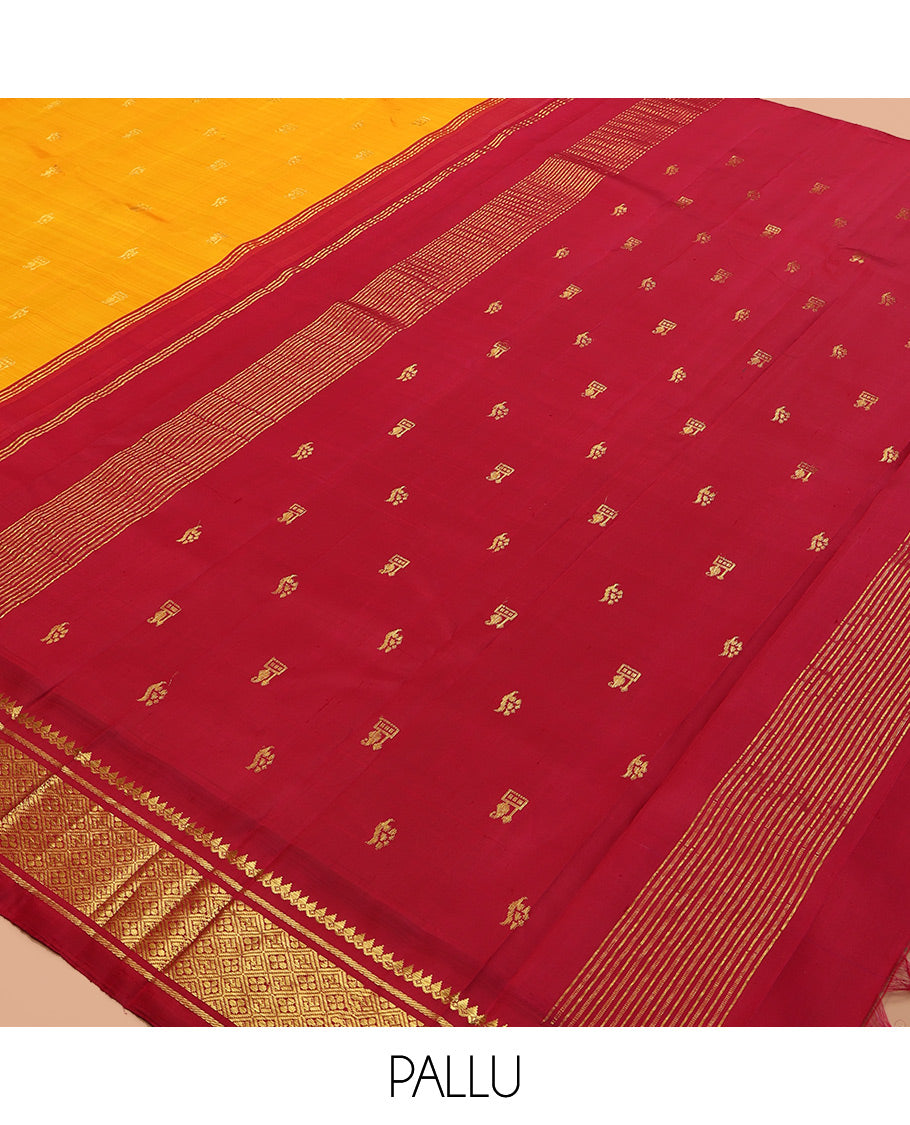 Orange Kanchipuram Silk Saree, Adorned with Zari Buttas, a Contrast Korvai One-Sided Border of Thilakam Mokku, Banaras, and Jaal Designs, Zari Design Pallu, and No Blouse