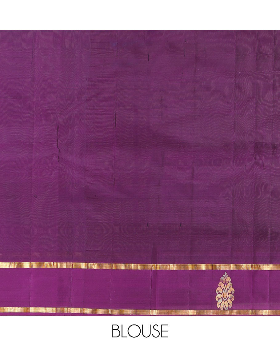 Rust Kanchipuram Silk Saree, Woven with Zari Buttas, a Contrast Traditional Zari Border, Zari Design Pallu, and a Contrast Blouse