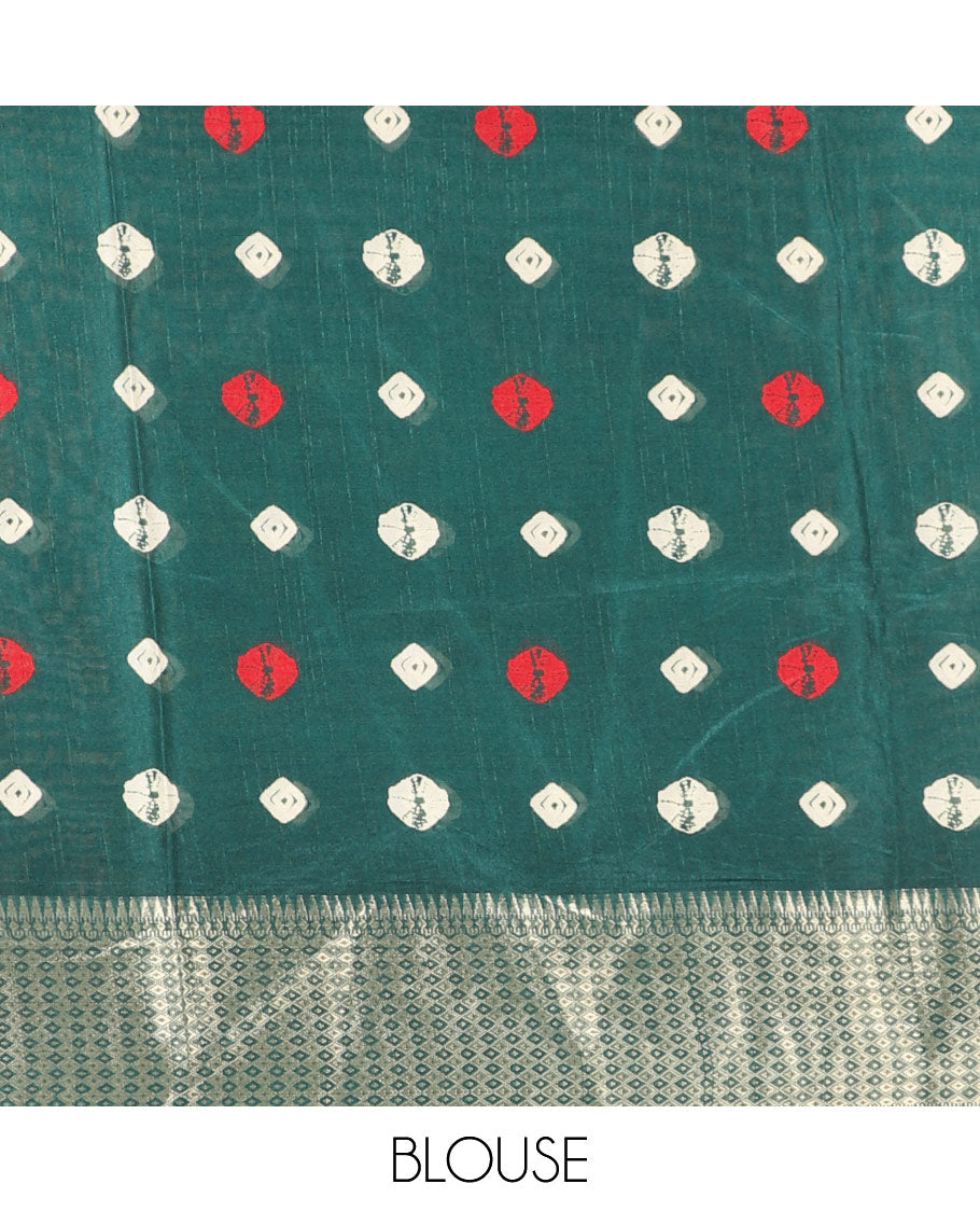 Green shibori printed dola silk saree, traditional zari border, printed pallu, and blouse of print, and zari work