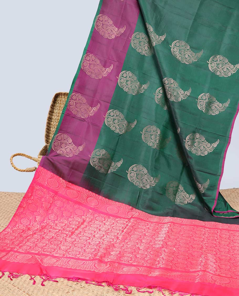 Green paisley motifs semi-soft silk saree with contrast border & pallu of intricate zari design pallu
