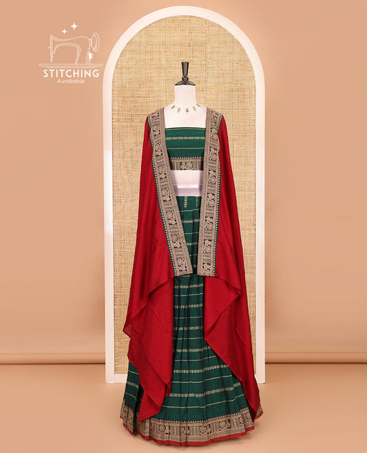 Green-red mercerised cotton half-saree, traditional design resham thread skirt, matching traditional design blouse & contrast syska georgette dhavani