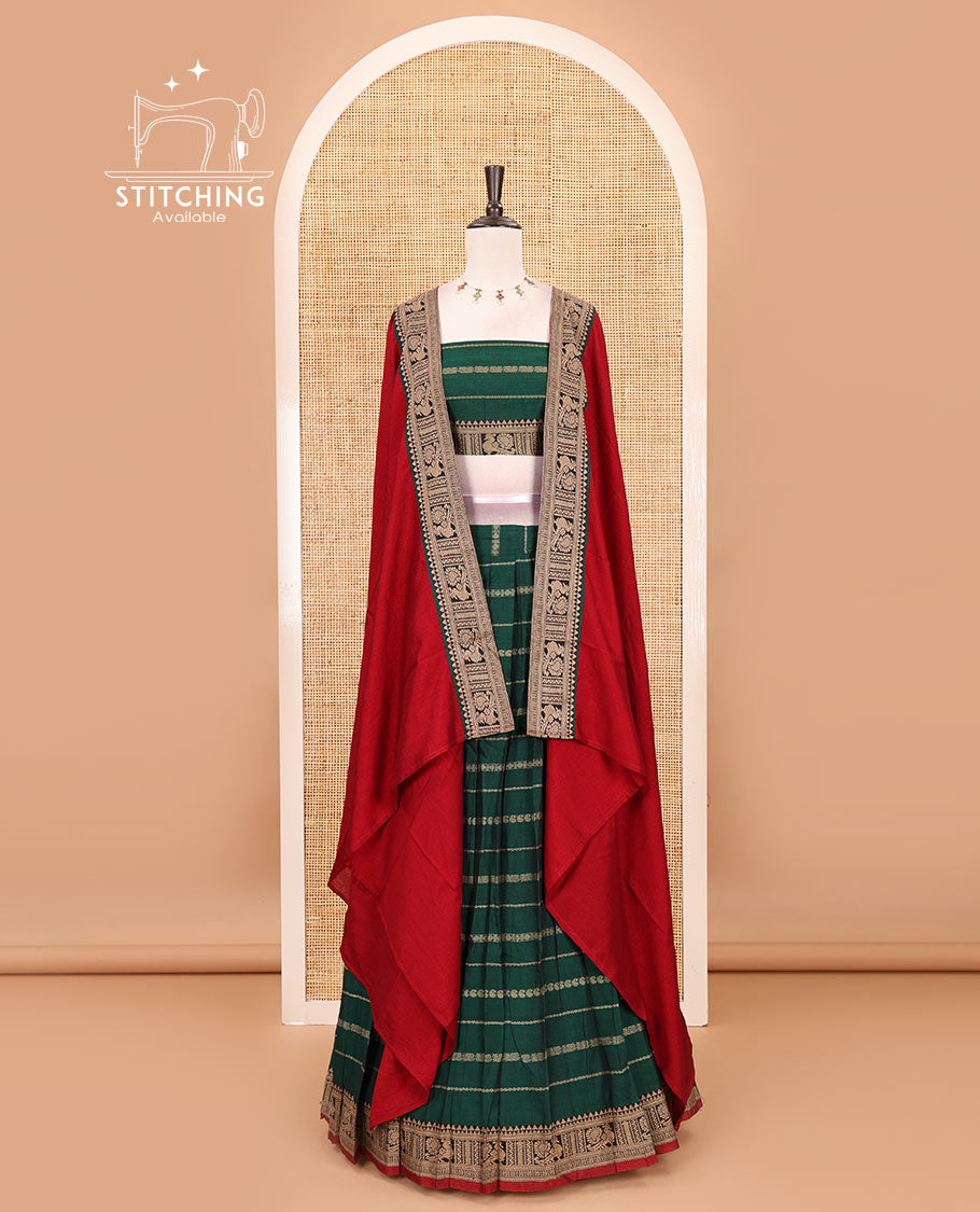 Green-red mercerised cotton half-saree, traditional design resham thread skirt, matching traditional design blouse & contrast syska georgette dhavani