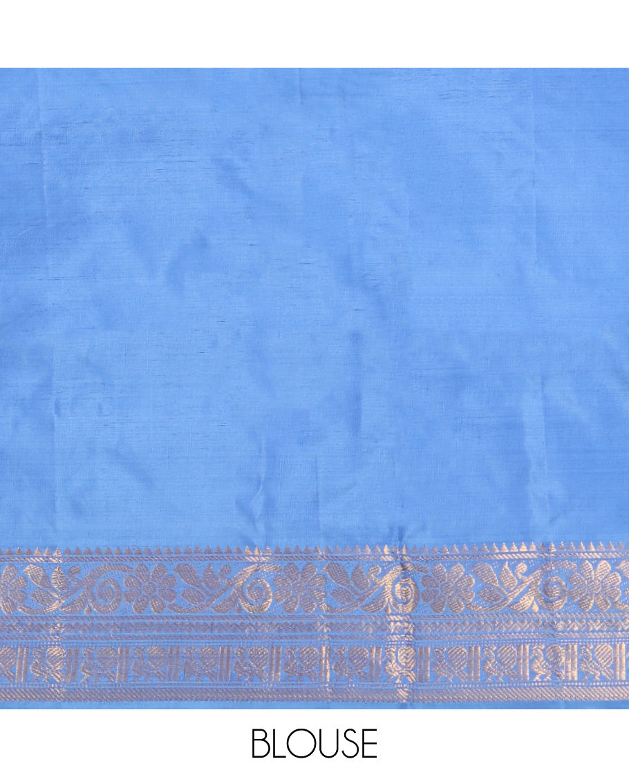 Violet Banana Pith Saree, Woven with Thread Buttas, a Contrast Traditional Zari Border, Pallu of Buttas, and a Contrast Blouse