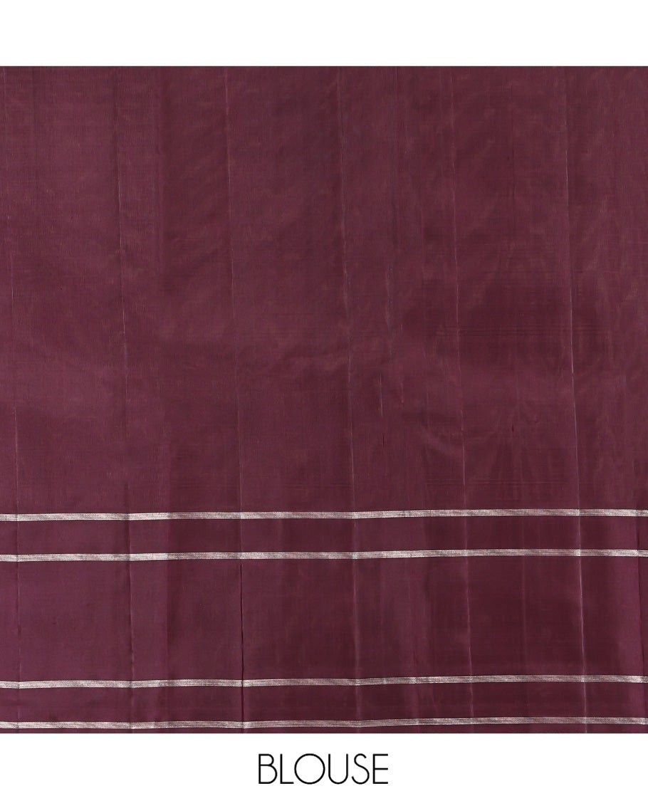 Off-white Kanchipuram Silk Saree, Subtly Sparkled with Checked Design On Its Body, Complemented by Contrast Border of Banaras and Annam Designs, Pallu of Diagonal Rekku Designs, and Paired with a Contrast Blouse