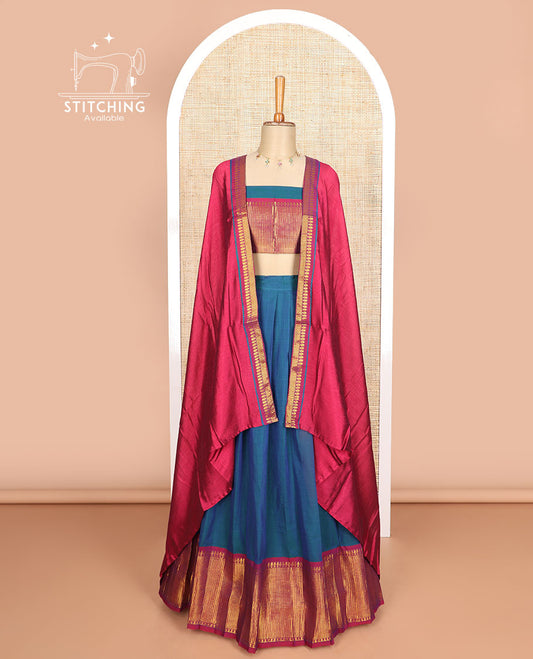 Ink blue cotton half saree with contrast zari design border, zari design blouse & plain , zari design border dhavani