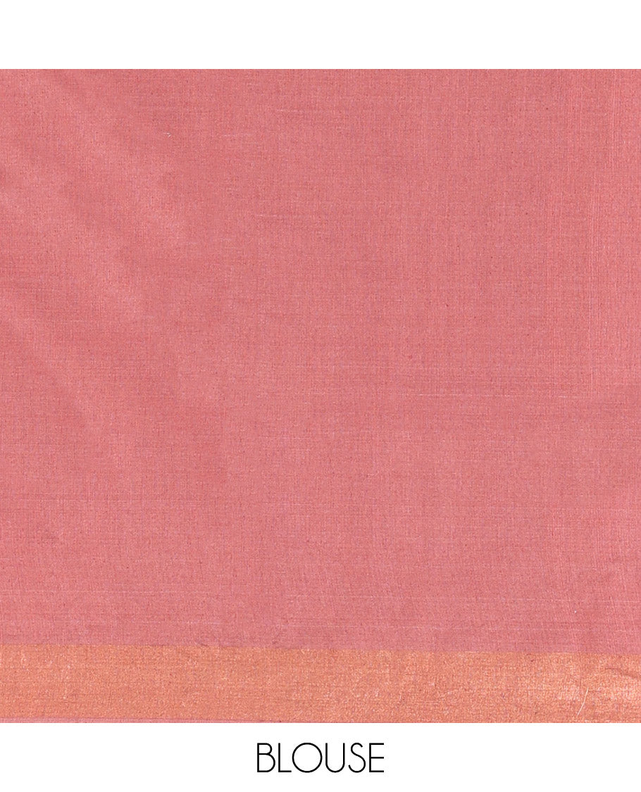 Terracotta Red Tussar Silk Saree, Boldly Accentuated with Ajrakh-Style Jaal Design on Its Body, a Subtle Border, Ombre-Style Striped Pallu, and Paired with a Contrast Blouse
