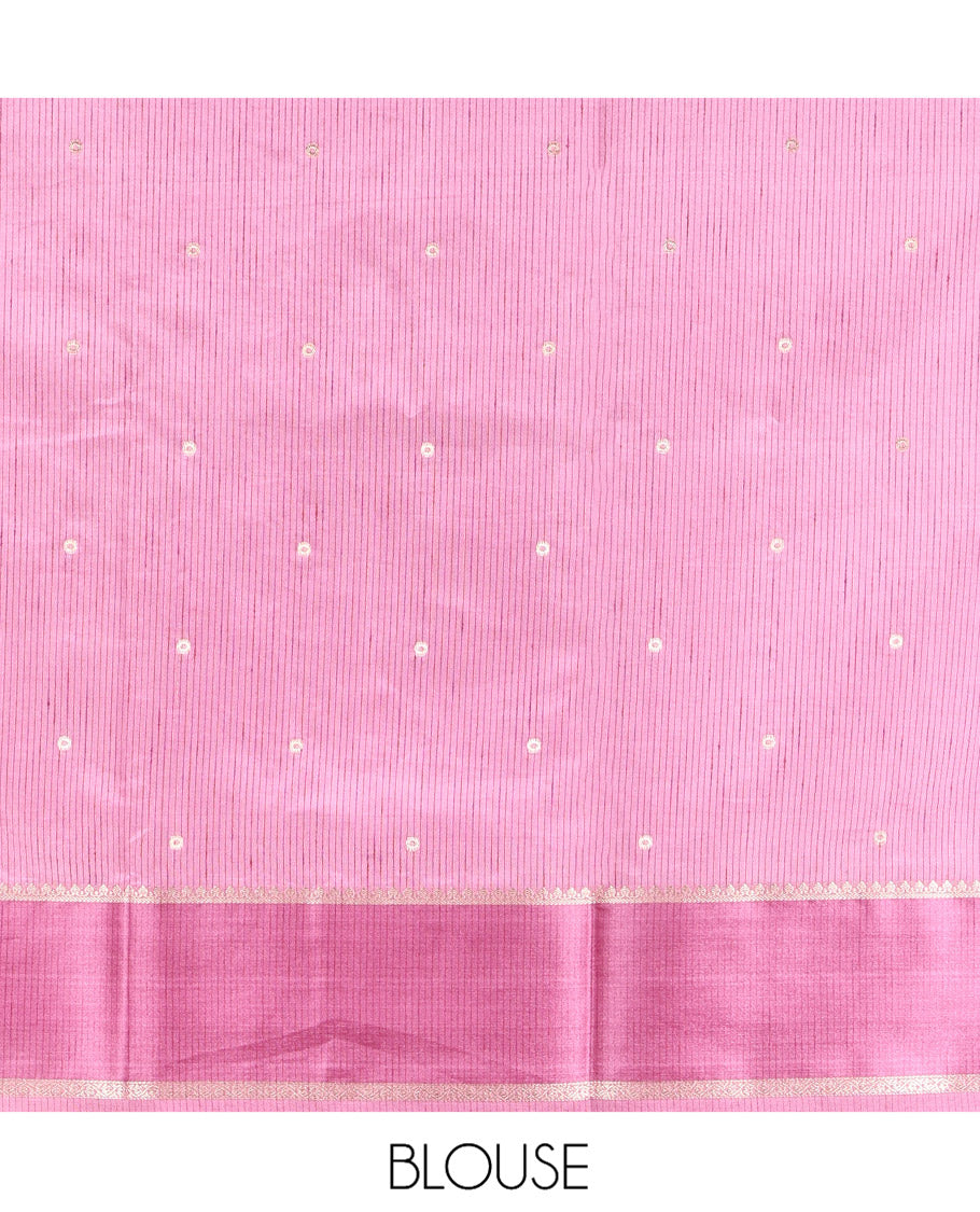 Blue Semi-Banaras Dupion Saree, Richly Detailed with Floral Buttas, Complemented by Contrast Temple Border, Grand Jaal Pallu, and a Contrast Blouse