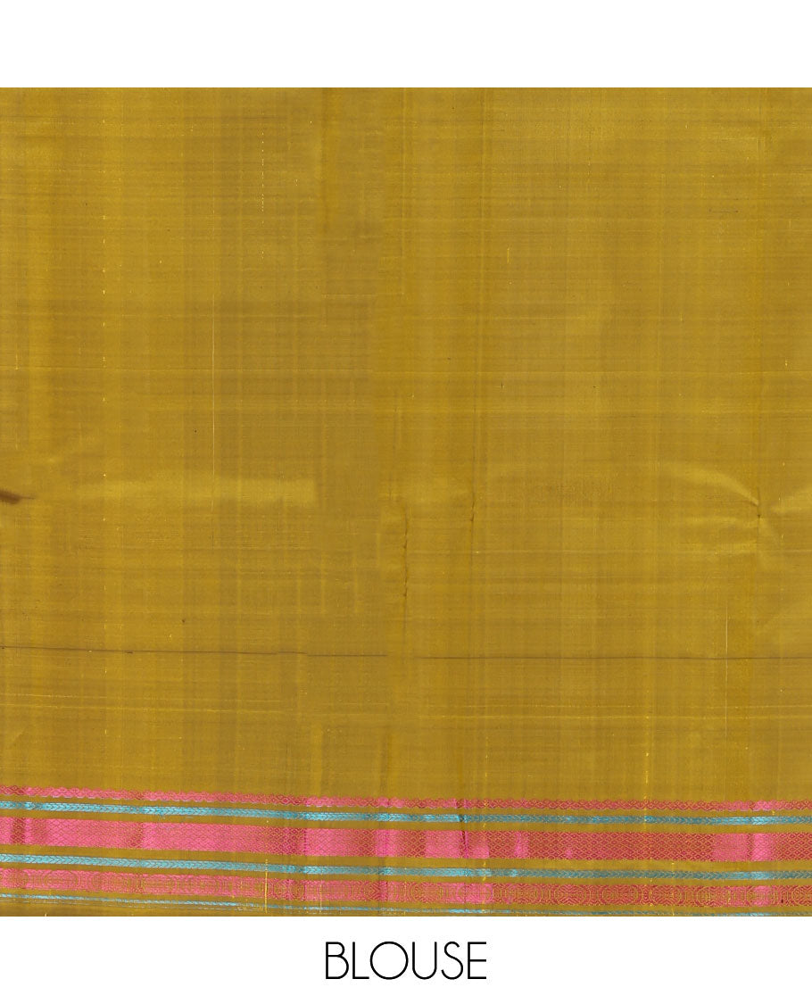 Yellow kanchipuram silk saree, subtly sparkled with checked design on its body, complemented by a contrast border of salngai, kathir, mayil kann, kathir, and rudraksham designs, a subtly striped pallu, and paired with a contrast blouse