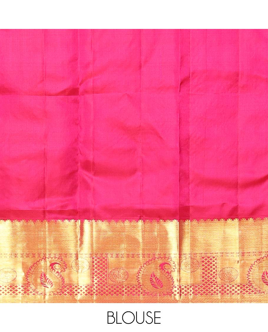 Red floral jacquard kancheepuram silk aree with self intricate zari border & floral zari design pallu