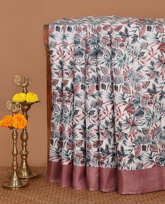 White tropical floral printed khadi cotton saree,contrast red printed border,floral-geometric printed pallu & tropical floral print blouse
