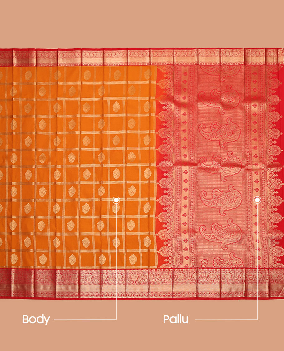 Orange Budget Silk Saree, Finely Crafted with Zari Butta Enclosed Checked Design on Its Body, Complemented by a Contrast Traditional Zari Design Border, Pallu of Paisleys, and Paired with a Contrast Blouse