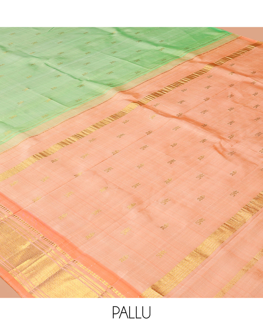 Green Zari Buttas Kanchipuram Silk Saree, Complemented by a Contrast Border of Panner Sombu, Muthu, Banaras, and Jaal Design, Pallu of Zari Design, and No Blouse