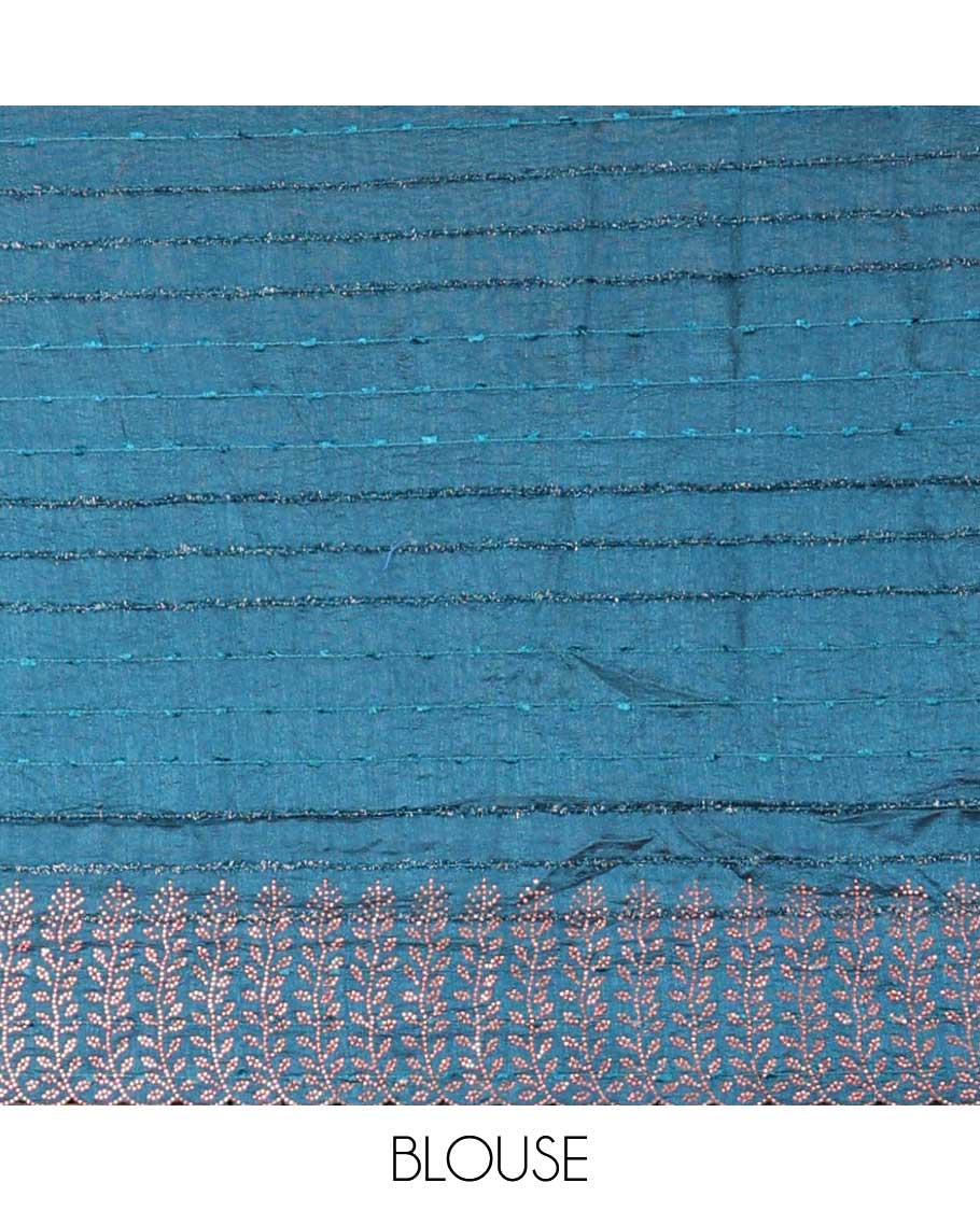 Blue  all over line neem zari design with copper color swastik stone work & plain , swastik stone work blouse