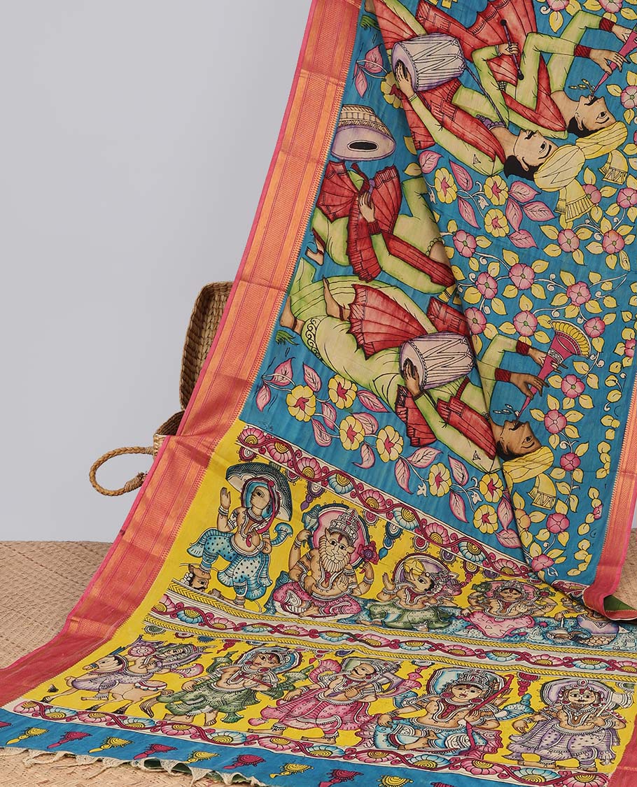 Blue floral, human design handpainted pen kalamkari silk saree with contrast plain border & gods figure design pallu