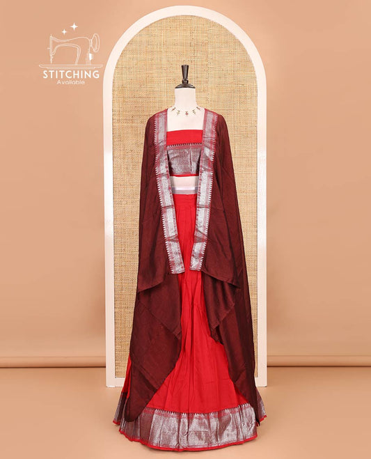 Red-Maroon Mercerised cotton half-saree, plain & contrast temple geometric border skirt, matching blouse & contrast zari border Vichitra silk dhavani