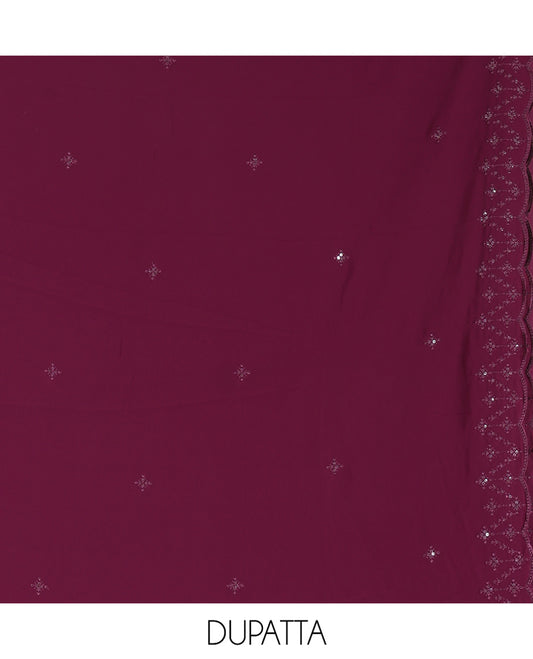 Purple Georgette Material Churidar, Woven with Sequins Embroidered Top, a Matching Bottom, and Embroidered Dupatta