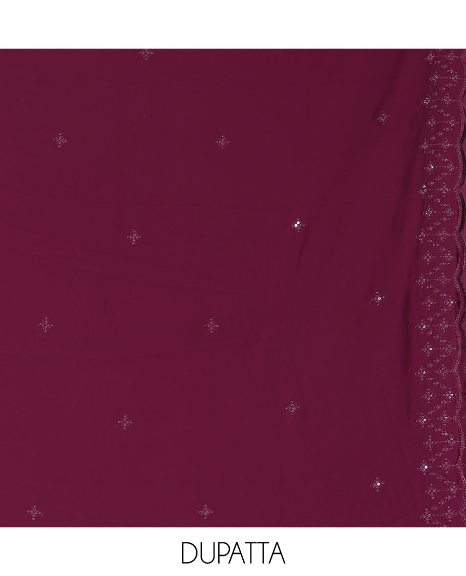 Purple Georgette Material Churidar, Woven with Sequins Embroidered Top, a Matching Bottom, and Embroidered Dupatta