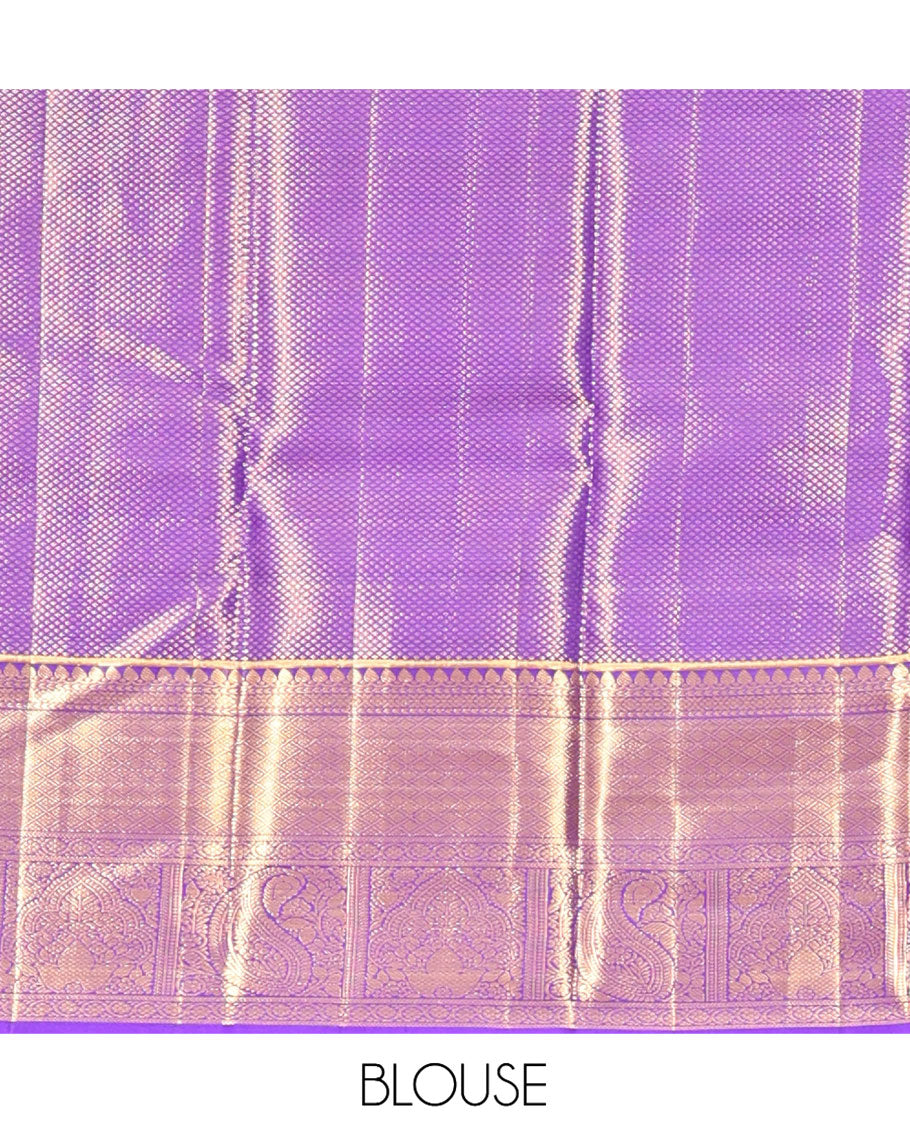 Violet Kanchipuram Tissue Silk Saree, Gracefully Embellished with Floral Jacquard, a Zari Border of Thilakam Mokku, Jaal, and Manga Designs, Diagonal Striped Pallu, and Matching Blouse